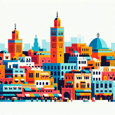 Colorful cityscape with mosque and minarets. Vector illustration.のイラスト素材