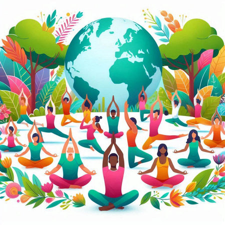 Vector illustration of people practicing yoga in the park. Concept of healthy lifestyle.のイラスト素材