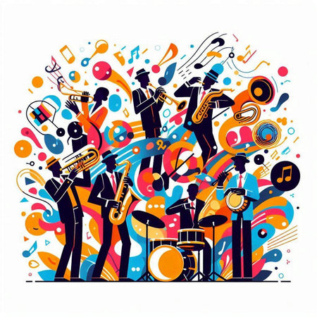 Music festival background with instruments and musical notes. Vector illustration in doodle styleのイラスト素材