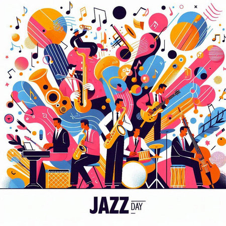 Jazz music festival poster with people playing musical instruments. Vector illustrationのイラスト素材