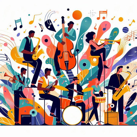 Musical background with musicians and instruments. Vector illustration in flat styleのイラスト素材