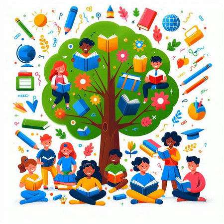 Vector illustration of a group of children reading books under a tree. Back to school conceptのイラスト素材