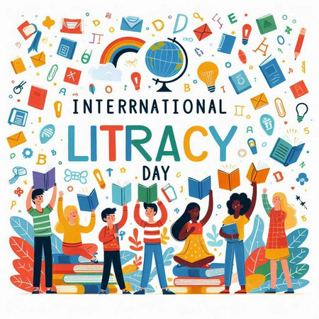 International Literacy Day. Group of happy children with books and textbooks. Vector illustration.のイラスト素材