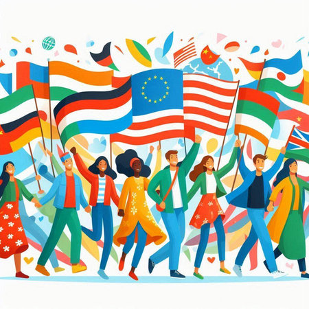 Happy people with flags and confetti. Vector illustration in flat styleのイラスト素材