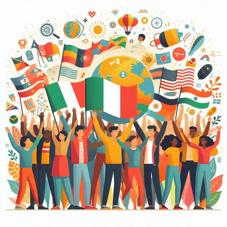 Vector illustration of group of people with flags of countries around the world.のイラスト素材