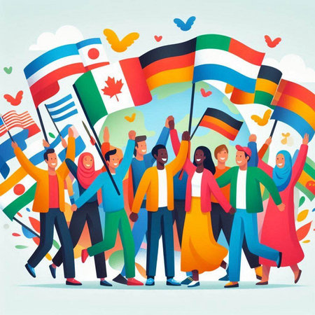 Group of happy people with flags. Vector illustration in cartoon style.のイラスト素材