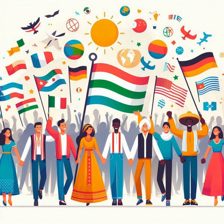 People holding flags of different countries. Vector illustration in flat style.のイラスト素材