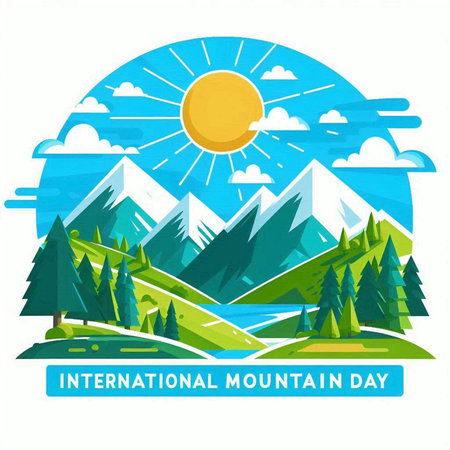 International Mountain Day Vector Illustration with Mountains, Pine Trees and Sunのイラスト素材