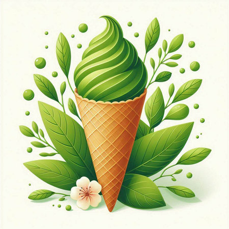 Ice cream cone with green leaves on white background, vector illustration.のイラスト素材