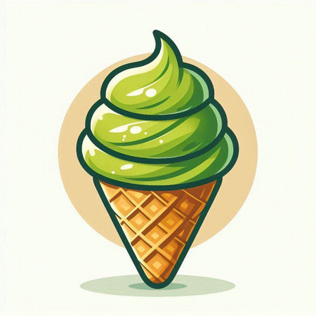 Green ice cream in a waffle cone on a white background.のイラスト素材