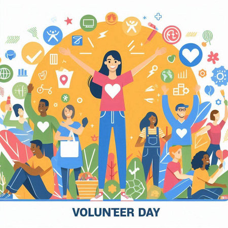 Volunteer day concept. Group of people holding hands together. Vector illustration.のイラスト素材