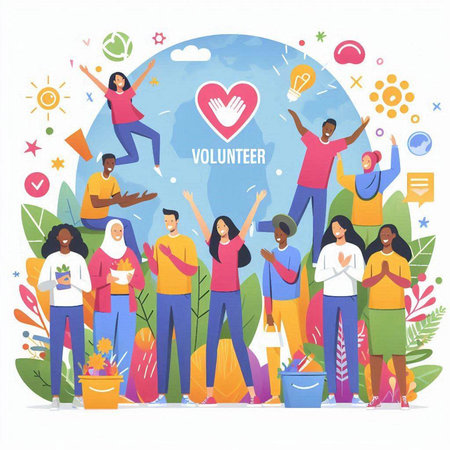 Volunteering and charity concept. Group of people, volunteers, volunteers, volunteers, volunteers. Vector illustrationのイラスト素材