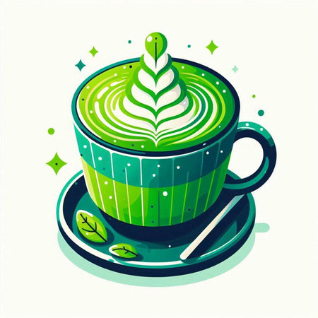 Green matcha latte with latte art, vector illustration.のイラスト素材