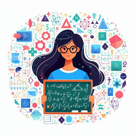 Vector illustration of a girl teacher with a blackboard in her hands.のイラスト素材