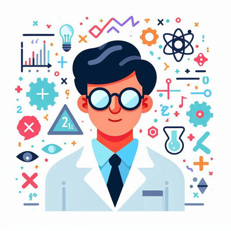 Scientist in white coat and glasses. Vector illustration in flat styleのイラスト素材