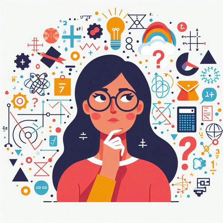 Vector illustration of a young woman in glasses thinking about a problem solution.のイラスト素材