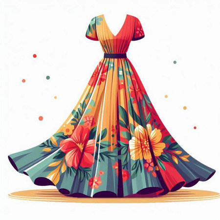 Illustration of a beautiful dress with floral pattern on a white backgroundのイラスト素材