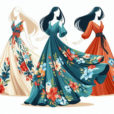 Fashion illustration of beautiful women in dresses with flowers. Vector illustration.のイラスト素材