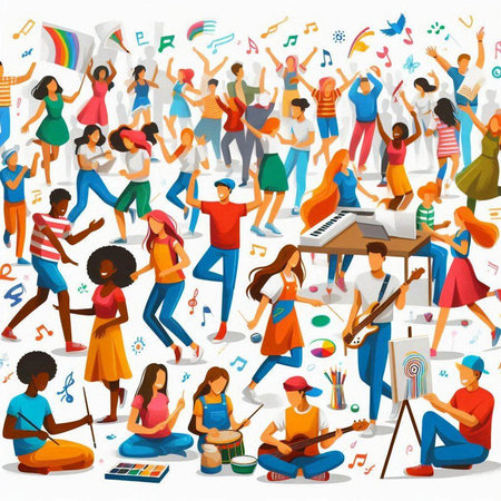 Musical background with people and music instruments, flat vector illustration.のイラスト素材