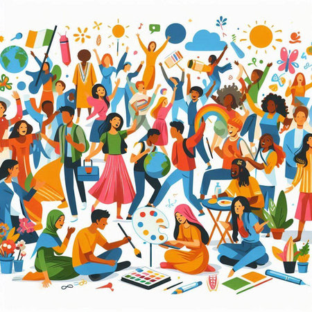 Flat design vector illustration concept of international student day. Group of happy people study and learning together.のイラスト素材