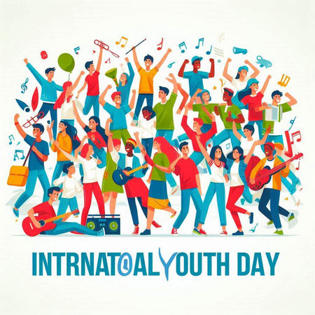International Youth Day. Group of happy people with musical instruments. Vector illustration.のイラスト素材