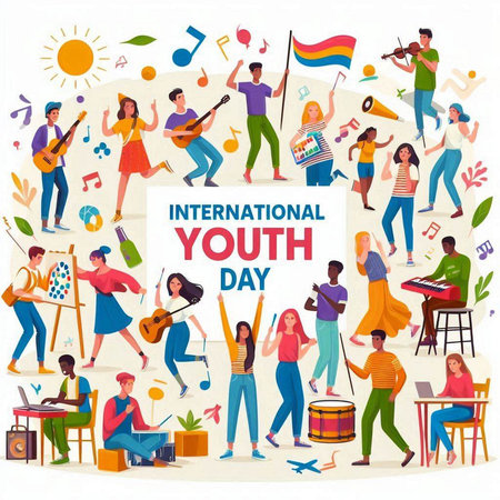 International Youth Day. Group of people playing musical instruments. Vector illustrationのイラスト素材