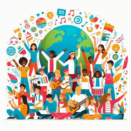 Group of young people around the Earth. Vector illustration in flat style.のイラスト素材