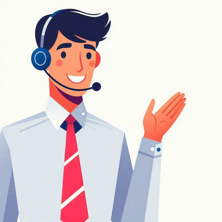 Call center operator with headset. Vector illustration in flat cartoon style.のイラスト素材