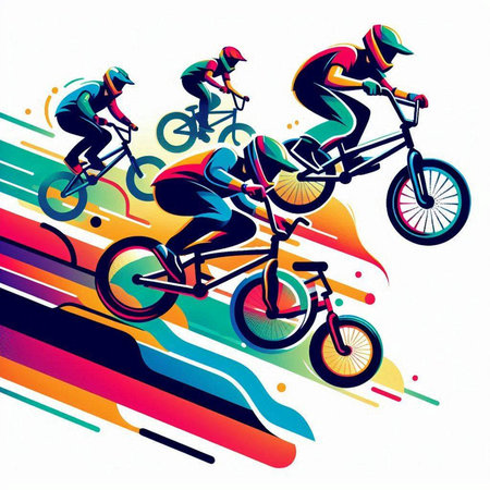 Cyclists on a race, abstract colorful background, vector illustrationのイラスト素材