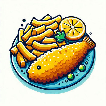 Fried fish with lemon and peas on a plate. Vector illustration.のイラスト素材
