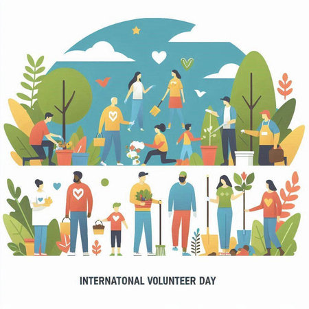 World Environment Day concept with people planting trees. Vector flat illustration.のイラスト素材