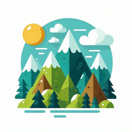 Mountains and forest in flat style. Vector illustration. Design elementのイラスト素材