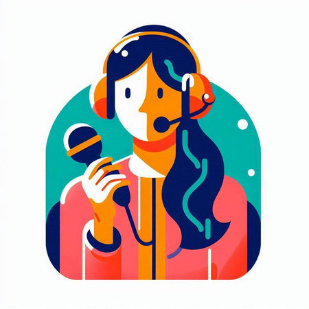 Woman with headphones and microphone. Vector illustration in flat cartoon style.のイラスト素材