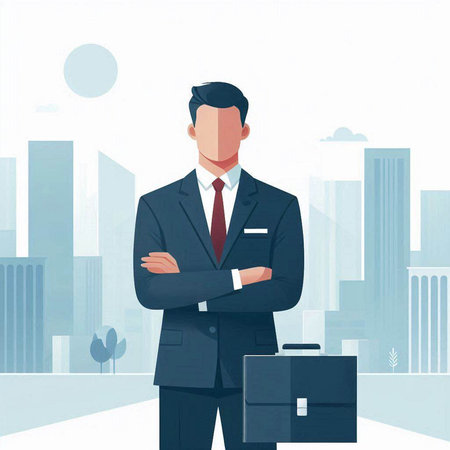 Businessman with briefcase on the background of the city. Vector illustrationのイラスト素材