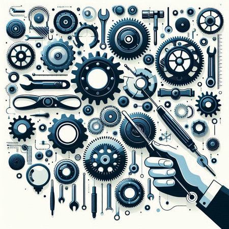Mechanical background with hand, gears and tools. Vector illustration.のイラスト素材