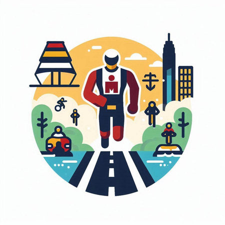 Running man on the road in the city. Flat vector illustration.のイラスト素材