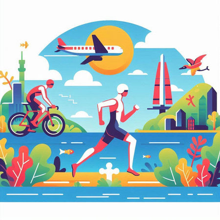Vector illustration in flat style on the theme of travel, sports and healthy lifestyle.のイラスト素材