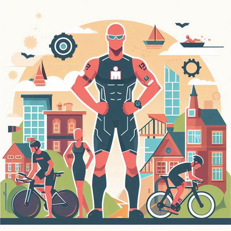 Cycling flat style vector illustration on urban background. Cartoon man in sportswear and helmet riding bike.のイラスト素材