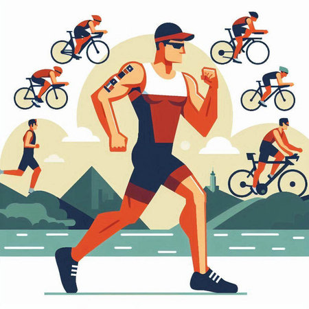 Sporty young man running in the park. Vector illustration in flat styleのイラスト素材