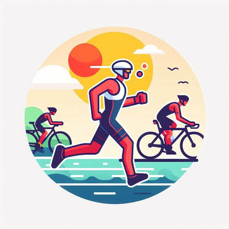 Cyclists running on the beach. Vector illustration in flat styleのイラスト素材