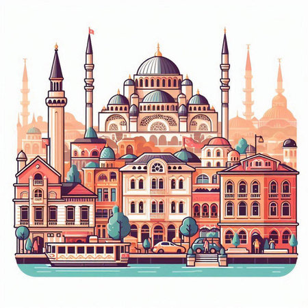 Cityscape of Istanbul, Turkey. Colorful vector illustration in vintage style.のイラスト素材