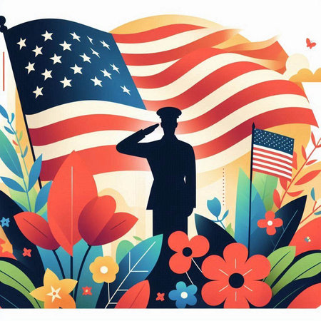 American flag with silhouette of a woman on the background of flowers.のイラスト素材