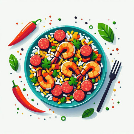 Shrimp salad with rice, vegetables and spices. Vector illustration.のイラスト素材