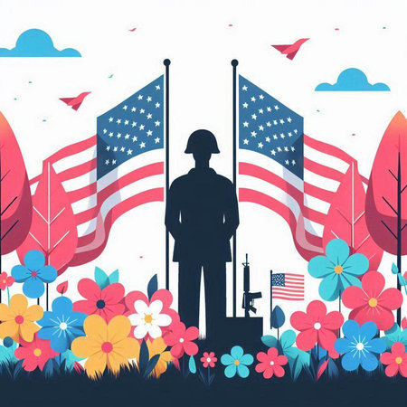 Vector illustration of american flag background with woman silhouette and flowers.のイラスト素材