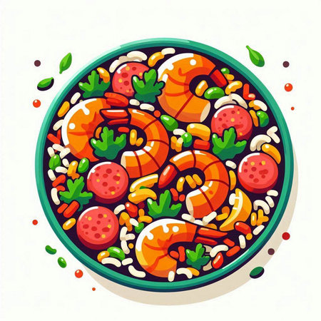 Salad with shrimp, prawns and vegetables. Vector illustration.のイラスト素材