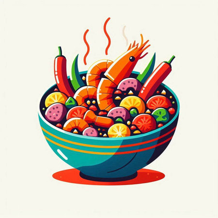 Salad with shrimp and vegetables in a bowl. Vector illustration.のイラスト素材