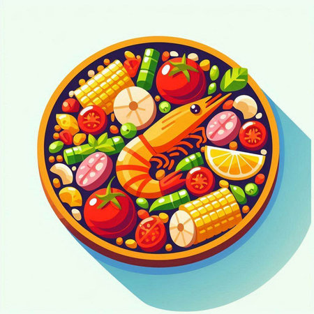 Illustration of a plate with fresh vegetables and seafood on a white backgroundのイラスト素材