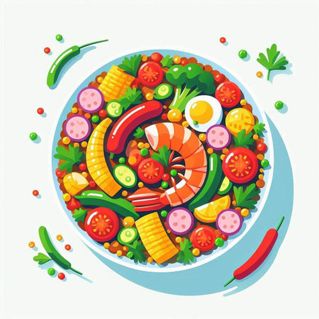 Salad with shrimp, corn, tomato, cucumber, pepper, onion, egg, parsley in a bowl.のイラスト素材