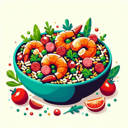 Salad with shrimps and vegetables in bowl. Vector illustration.のイラスト素材