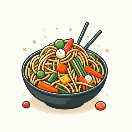 Illustration of a bowl of noodles with vegetables and chopsticks.のイラスト素材
